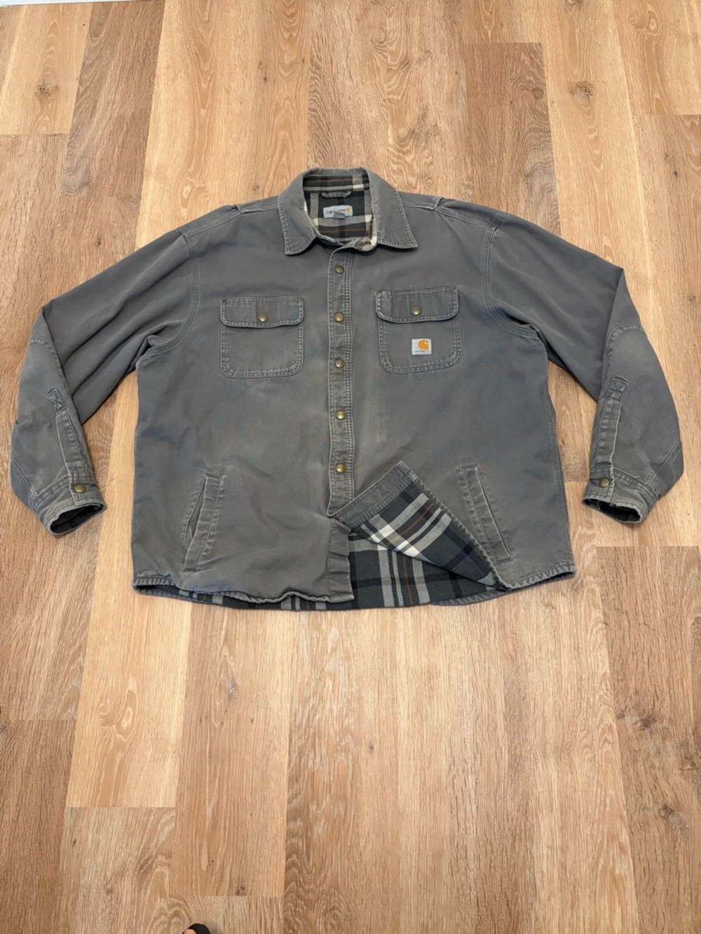 Carhartt Hubbard Plaid Flannel Lined Shirt Jacket XL Shadow Grey Canvas Snap Up